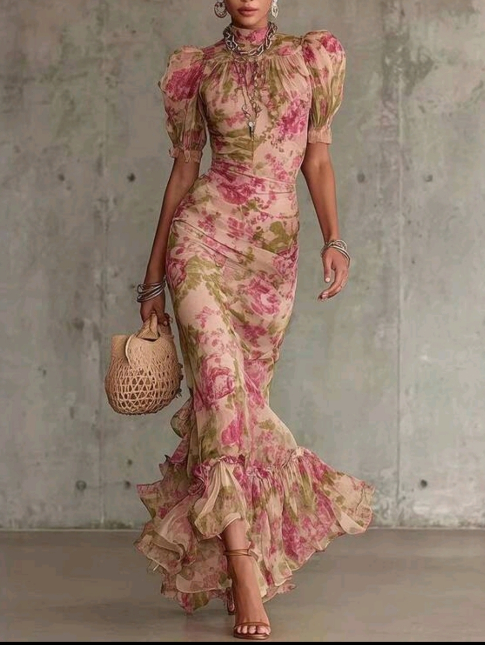 Floral Ruffle Maxi Dress in Blush Pink